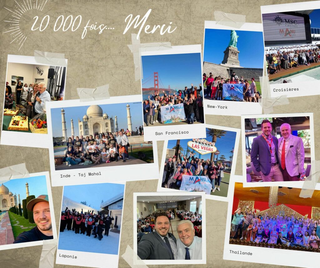 Montage de photos des voyages ManuVoyages avec le message 20 000 fois merci