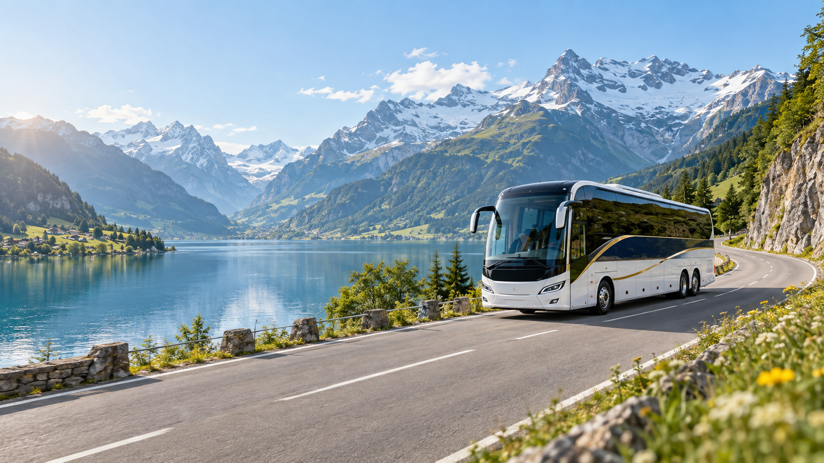 Autocar de tourisme moderne au bord d’un lac dans les Alpes